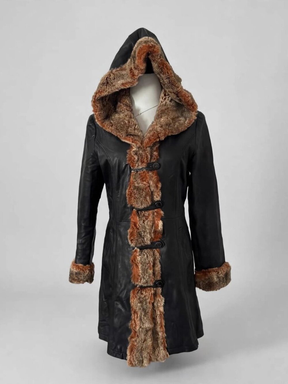 NUMENG Black Sheepskin Coat with Fur Trim
